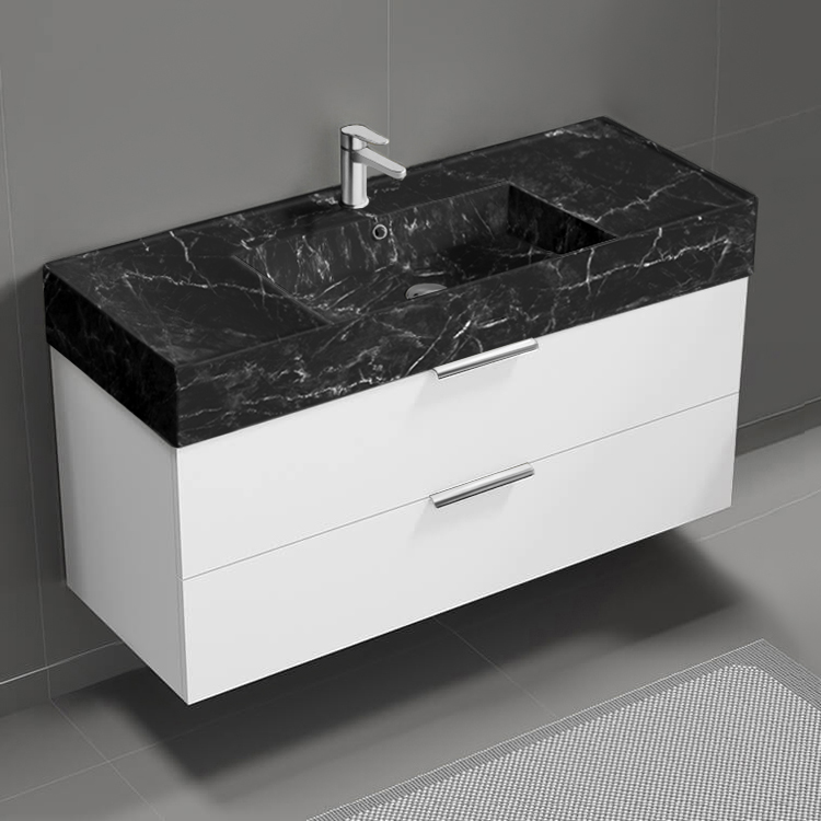 Bathroom Vanity Floating Bathroom Vanity, Modern, 48 Inch, Black Marble Style Sink, Chrome Handles Nameeks DERIN942